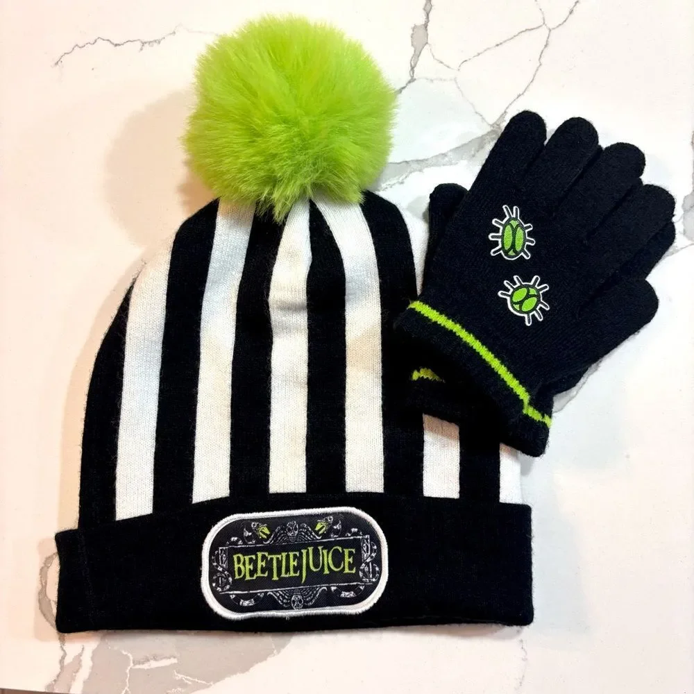 Beetle Juice | Youth Unisex Black White Green Hat and Glove Set Girls Boys